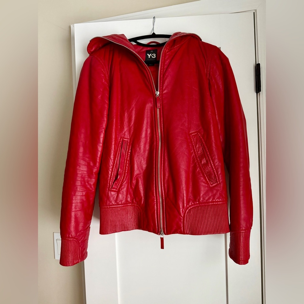 Y-3 Adidas Yohji Yamamoto Vibrant Red Hooded Leather Jacket Trendy Fun